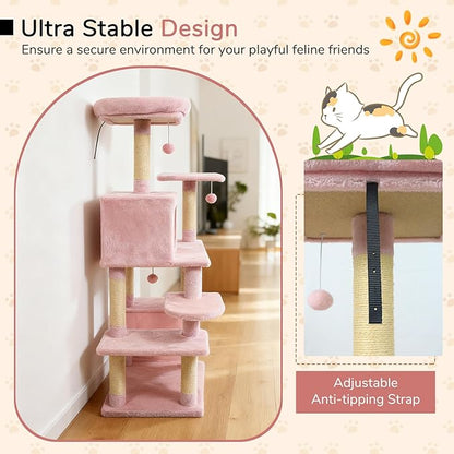 DORTALA Cat Tree for Indoor Cats, 44" Modern Cat Tower with Top Perch, Condo, Hammock, Sisal Scratching Posts, Dangling Balls, Platforms, Multi-Level Pet Climbing Furniture Playground (Pink)