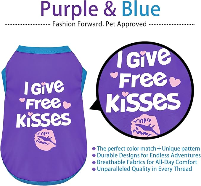 Color-Blocked Dog Tank Top with Playful Heat Transfer Designs – Lightweight Polyester Shirt for Small,MediumDogs, Perfect for Casual Outings.I Give Free Kisses Deep Purple XS