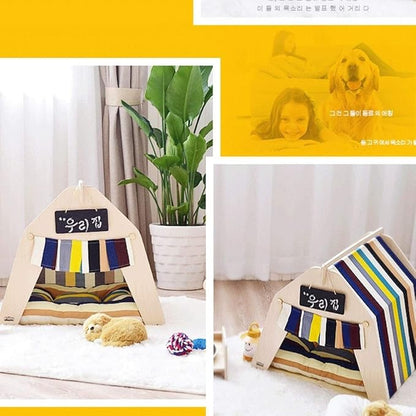 Pet beds, Pet Bed Tent Wooden Dog House Pet Bed Cat Bed Yurt Washable Kennel Cat Litter Small(53x58x50cm)