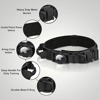 Tactical AirTag Dog Collar Leash Set - Heavy Duty, Adjustable GPS Collar | Compatible with Apple AirTag, with Holder & Control Handle for Medium/Large Dogs [ Black, L ]