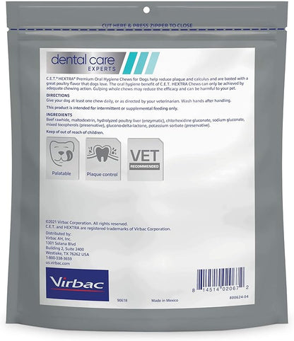 Virbac C.E.T.® HEXTRA® Premium Oral Hygiene Chews for Dogs, Rawhide Coated to Fight Bacteria and Reduce Plaque and Tartar, over 50lbs