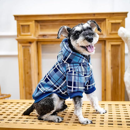 EXPAWLORER Plaid Dog Hoodie - British Style Warm Dog Sweater Shirt with Leash Hole,Pitbull Clothes Outfits,Winter Coat Apparel for All Breeds Puppy Girl Boy-Cat Apparel,Blue S-Medium