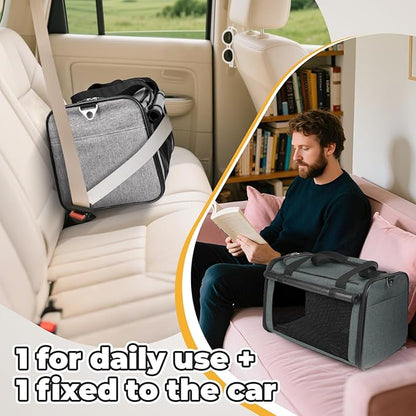 YUDODO 2 Packs 25 lbs Lightproof Soft Sided Pet Carrier for Large Cat & Small Dog Airline Approved Travel Puppy Carriers with Side Pockets & Reflective Mesh, Foldable Portable for Car Grey Green+Grey