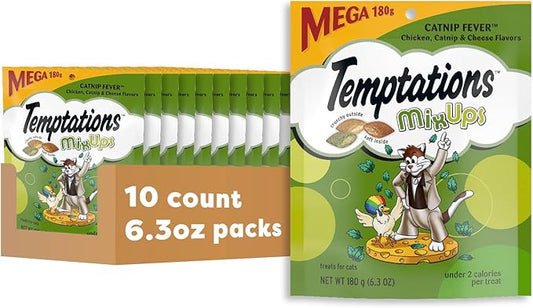 Temptations Cat Treats, Classic Crunchy and Soft Cat Treats, Catnip Fever Flavor, Catnip Treats, 6.3 oz. Pouch (Pack of 10)