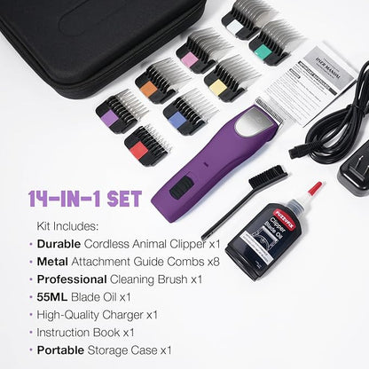 Professional Dog Clippers for Grooming - 2 Speed Pet Grooming Kit for Thick Curly Matted Coats - Low Noise Heavy Duty Cordless Hair Trimmer with Detachable Metal Blade