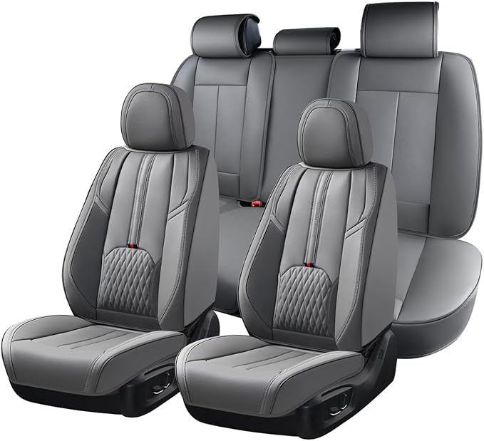 Coverado Car Seat Covers Full Set, Automotive Seat Cover with Lumbar Support, Nappa Leather Seat Cover for Cars, Waterproof Car Seat Protector, Car Seat Cushion Universal Fit for Most Vehicles (Gray)
