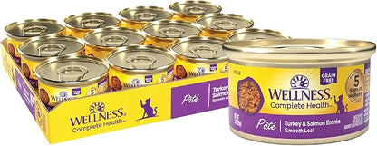 Wellness Complete Health Pate Adult Canned Wet Cat Food, Natural, Protein Rich, Grain Free, Turkey and Salmon Dinner Recipe, 3 oz, Pack of 24 Cans