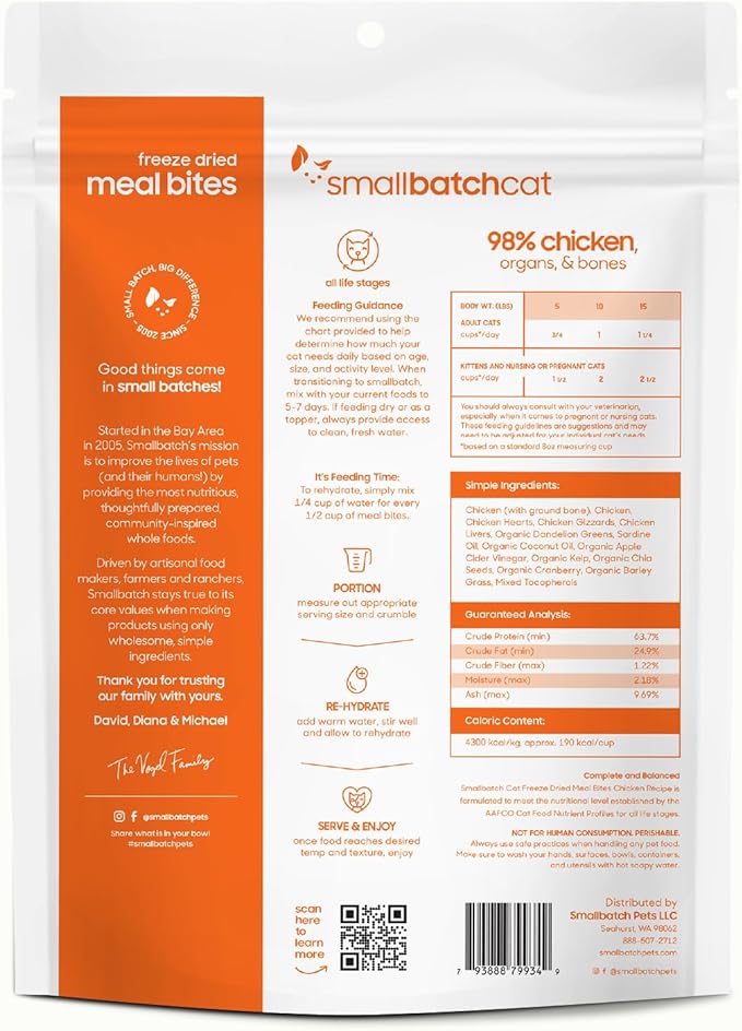 smallbatch Freeze-Dried Raw Cat Food, Shelf Stable Food Bites, Chicken Recipe, High Protein Meal or Topper for Cats, Humanely Raised Meat, Organic, Non-GMO Produce, Made in the USA, 10oz Bag
