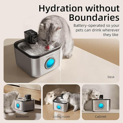Wireless Cat Water Fountain Stainless Steel, 135oz/4L, 6 Filters | Cordless Design, Motion Sensor, 4000mAh Battery Operated Pet Fountain, 3 Water Modes, 20dB Quiet Pump, Multi-Filtration