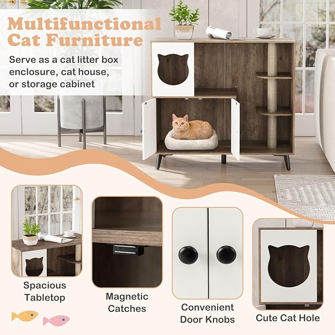 PETSITE Cat Litter Box Enclosure, Multifunctional Hidden Litter Box with Sisal Scratching Posts, Cat Condo, Litter Box Cabinet Furniture with 5 Metal Supporting Legs and Multiple Storage Space