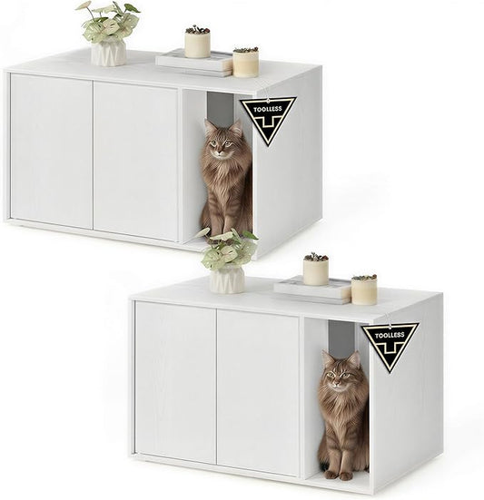 SONGMICS Home Cat Litter Box Enclosure, Superfast Toolless Assembly, Cat House for Large Cats, Display Side Table, Push-to-Open Doors, Minimalist Modern, Set of 2, Snow White UPCL013W01-2J