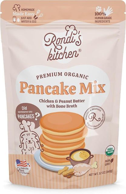Rondi's Kitchen Organic Dog Pancake Mix - Natural Healthy Treat for All Dogs - Superfood Snack Made with Human-Grade Ingredients - Makes About 38 Pancakes - Chicken & Peanut Butter with Bone Broth