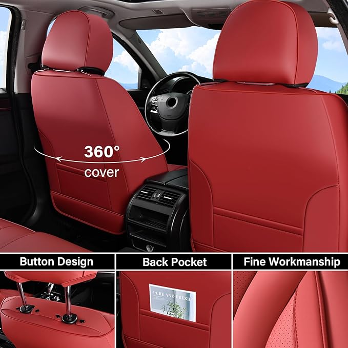 Coverado Waterproof Nappa Leather Car Seat Covers, Automotive Seat Covers，Front Car Seat Cushion & Car Seat Protector, Red Seat Covers Universal Fit for Most Cars, SUVs, Trucks