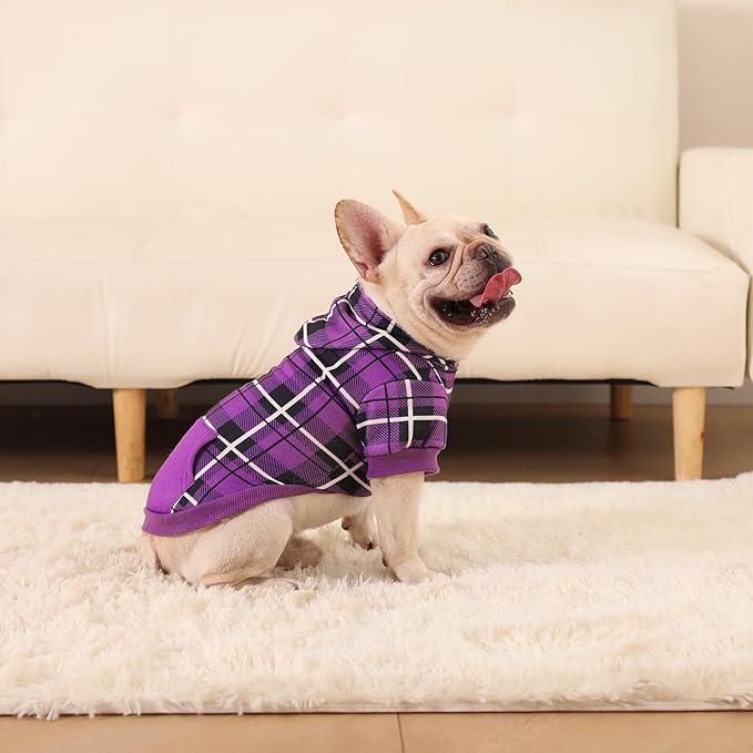 EXPAWLORER Plaid Dog Hoodie - British Style Warm Dog Sweater Shirt with Leash Hole,Pitbull Clothes Outfits,Winter Coat Apparel for All Breeds Puppy Girl Boy-Cat Apparel,Purple Medium