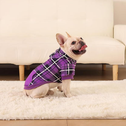 EXPAWLORER Plaid Dog Hoodie - British Style Warm Dog Sweater Shirt with Leash Hole,Pitbull Clothes Outfits,Winter Coat Apparel for All Breeds Puppy Girl Boy-Cat Apparel,Purple S-Medium