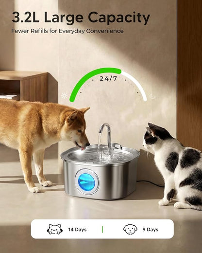 PEKTACO Stainless Steel Cat Water Fountain, 3.2L/108oz with 3 Filters | Cat water dispenser, dishwasher safe, with triple filtration, quiet pump, and visible water window for cats and small pets