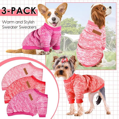 3 Pack Dog Sweaters for Small Dogs Girl Boy Winter Fleece Clothes Warm Soft Dog Sweatshirt Outfit for Dogs Cats Pet Apparel (Rose+Red+Pink, XX-Small)
