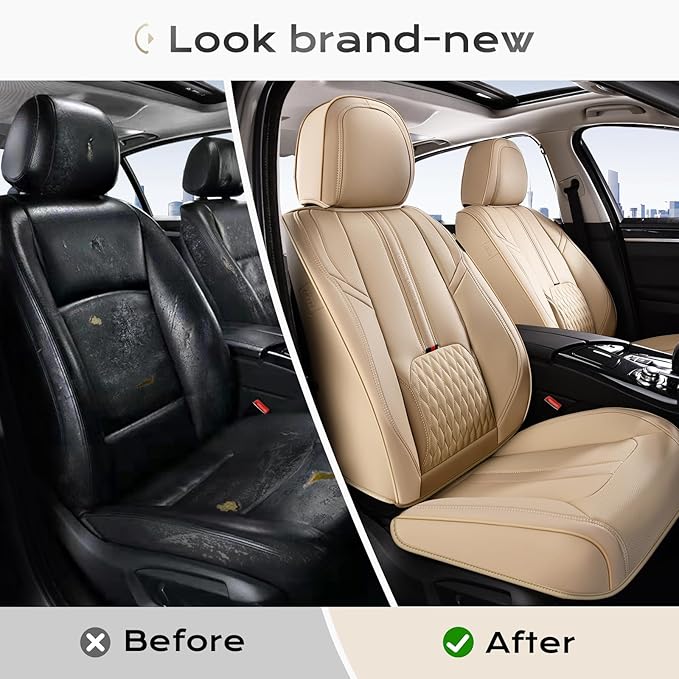 Coverado Car Seat Covers, Front Seat Covers with Lumbar Support, Beige Leather Seat Cover for Cars, Waterproof Car Seat Protector, Automotive Seat Cover Car Seat Cushion Universal Fit for Most Cars