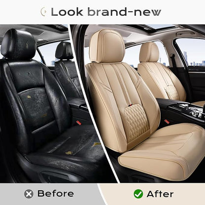 Coverado Car Seat Covers, Front Seat Covers with Lumbar Support, Beige Leather Seat Cover for Cars, Waterproof Car Seat Protector, Automotive Seat Cover Car Seat Cushion Universal Fit for Most Cars