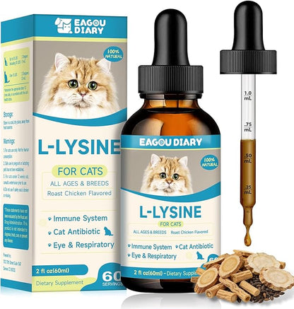L-Lysine for Cats,Lysine Drops Immune Support Supplement,Sneezing,Cold,Allergy Relief,Runny Nose,Feline Respiratory,Natural Antibiotics for Cats with Colostrum,Taurine Cat(Roast Chicken Flavor/2floz)