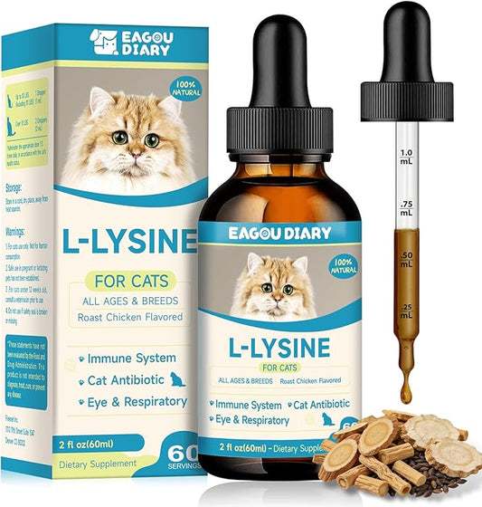 L-Lysine for Cats,Lysine Drops Immune Support Supplement,Sneezing,Cold,Allergy Relief,Runny Nose,Feline Respiratory,Natural Antibiotics for Cats with Colostrum,Taurine Cat(Roast Chicken Flavor/2floz)