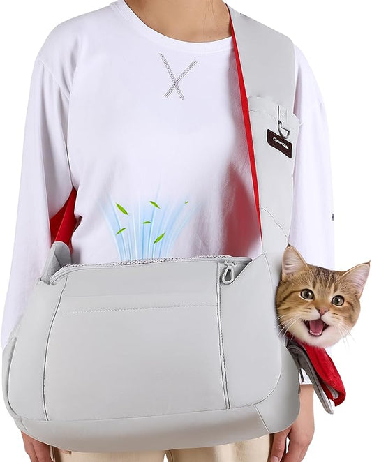 Dog Carrier Sling, Cat Sling Carrier, Adjustable Soft Padded Shoulder Strap with Storage Pocket, Small Dog and Cats Sling Carriers up to 10 lbs, Hands-Free Pet Carrier for Travel Hiking Walking Grey