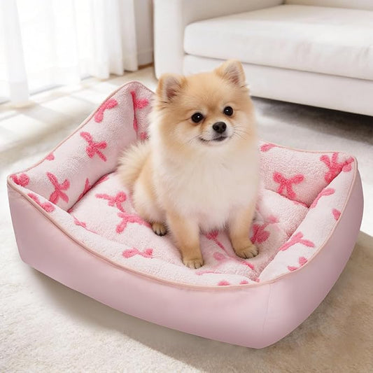 Mora Pets Reversible Dog Bed for Small Medium Dogs Large Cat Bed Washable - Cool & Warm 2-in-1 Anti Anxiety Calming Pet Bed for Summer, Rectangle Puppy Bed with Cute Pink Bow (25''x21''x7'')