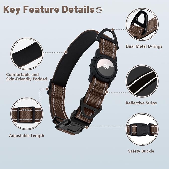 Taglory AirTag Dog Collar with Waterproof Holder for Small Dogs, Brown, S | Reflective for Night Walks & Low-Light Safety, Track Your Pup Peace of Mind, Adjustable Soft Padded, No More Dangling Tags