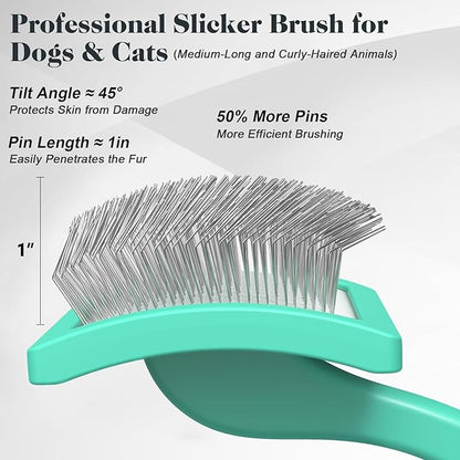 2PCS Slicker Brush for Dogs & Pet Comb,Professional Dog Grooming Brush (Goldendoodles,Poodles,Labradoodles) with Extra Long Pins to Effectively Remove Tangles, Knots and Mats (Cyan, Large)