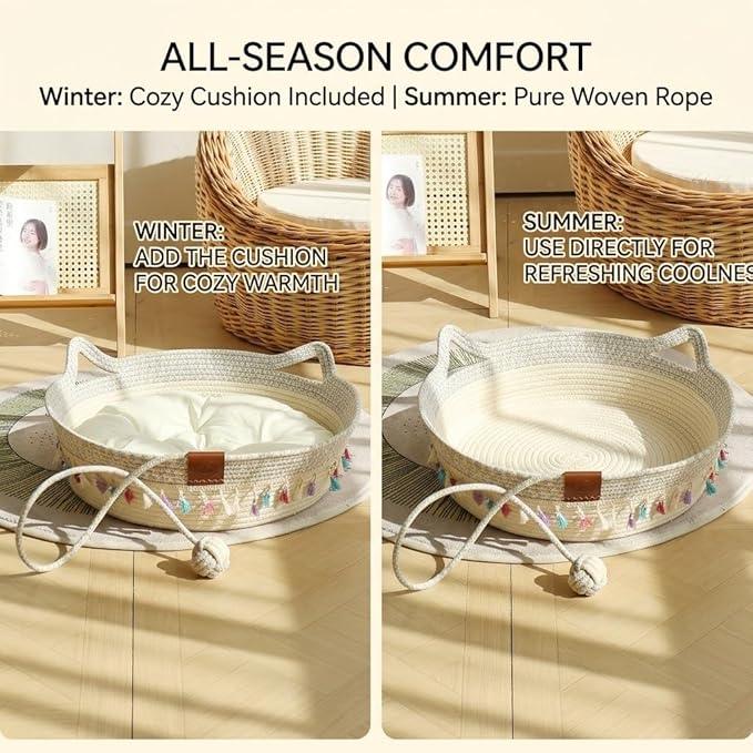 Large Cat Bed Basket Round Cotton Rope Woven,Cat Bed for Indoor with Toy Ball, Suitable for Small and Medium Pets, 18.9" L x 18.9" W x 6" Th (with Tassels)