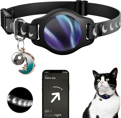 typecase Reflective Breakaway Cat Collar with AirTag Holder, Black/Blue | Black Reflective Breakaway Cat Collar With Bell And Silicone AirTag Holder; Adjustable 8-12 In; AirTag Not Included