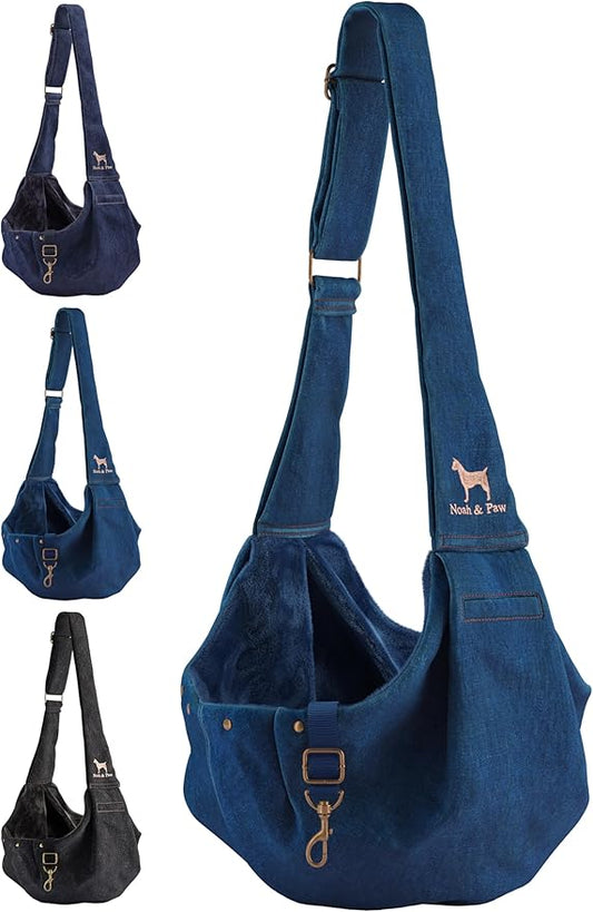 Noah & Paw Dog Sling Carrier for Small Dogs 3-10lb, Dog Sling for Small Dogs and Cats, Dog Carrier with Adjustable Padded Strap, Premium Denim, Lined with Fur, Double Safety Feature, Machine Washable