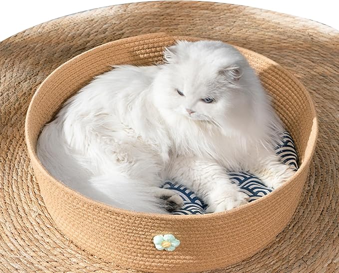 Woven Cat Bed,Warm Cute Sleeping Nest Basket, Lovely Calming Round Soft Litter Mat Cushion for Pets to Sharpen Claws,Handmade Natural Pets Cradle for Kitten with Removable Cushion,S(0-7catties)