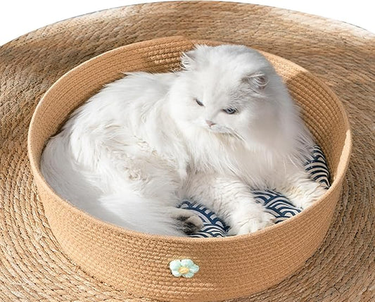 Woven Cat Bed,Warm Cute Sleeping Nest Basket, Lovely Calming Round Soft Litter Mat Cushion for Pets to Sharpen Claws,Handmade Natural Pets Cradle for Kitten with Removable Cushion,S(0-7catties)