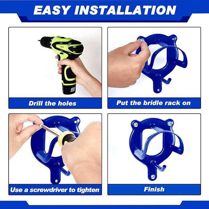 Dunzy 3 Counts Horse Bridle Rack Bracket Bridle Hooks Tack Storage Halter Hanger Metal Holder with Tubes and Screw for Horse Barn Supplies (Sapphire Blue)