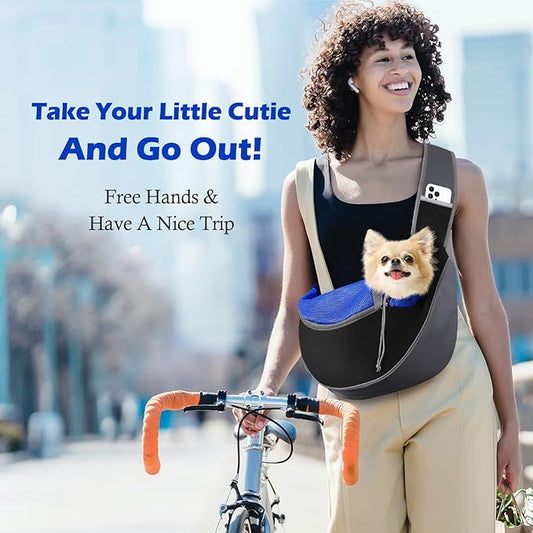 Pawaboo Dog Sling Carrier, Hand Free Breathable Mesh Bag for Puppy Cat, Drawstring Dog Papoose with Adjustable Strap and Pocket, Crossbody Satchel Dogs Purse for Outdoor Travel, S, Indigo