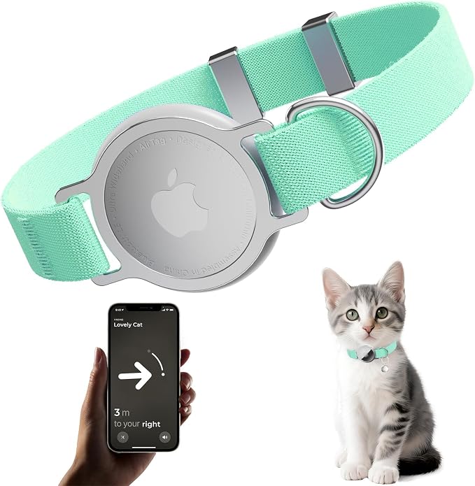 AirTag Cat Collar, Elastic Tracker Collar with Airtag Holder and Bell | Compatible with Apple Air Tag, Lightweight & Scratch Resistant, Adjustable Stepless GPS Pet Collar for Cats Kittens, Green
