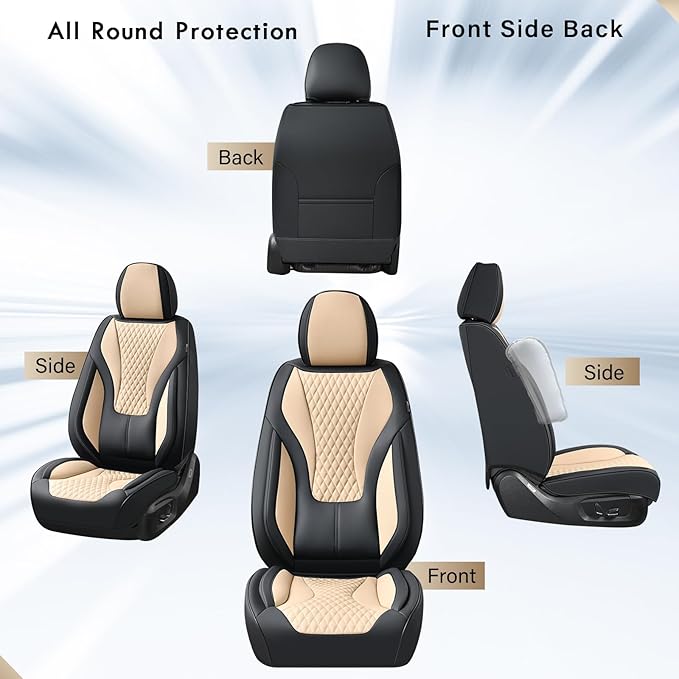 Coverado Waterproof Nappa Leather Car Seat Covers, Automotive Seat Covers，Front Car Seat Cushion & Car Seat Protector, Black&Beige Seat Covers Universal Fit for Most Cars, SUVs, Trucks