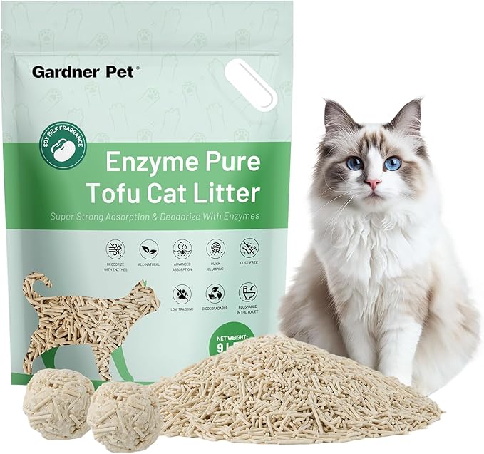 Gardner Pet Natural Tofu Cat Litter - Fast Absorbing & Strong Clumping, Low Dust, Flushable Cat Litter for Odor Control, Easy Scooping for Multi-Cat Homes, 9LBS