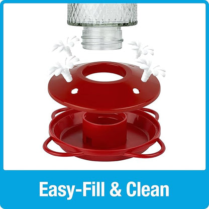 Nature's Way Hanging Glass Hummingbird Feeder for Outdoor Décor, 13 Ounce Capacity Nectar Feeder, Ant Moat, 4 Easy to Clean Flexible Ports, Red