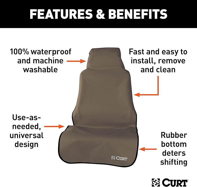 CURT 18502 Seat Defender 58-Inch x 23-Inch Brown Waterproof Universal Bucket Car Seat Cover Protector
