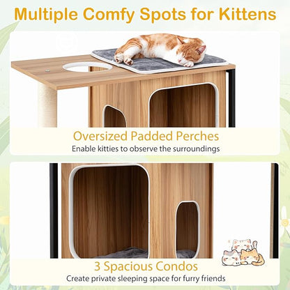 PETSITE 52-inch Wood Cat Tree for Indoor Cats, Multi-Level Solid Metal Framed Wooden Cat Tower with Sisal Scratching Posts and Pad, 3 Condos, and Top Platform with Cat Hole