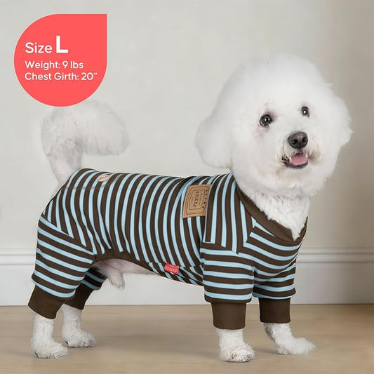 KYEESE Dog Pajamas, Warm Dogs PJS with 4 Legs, Comfy Pet Onesie Pets Sleepwear, Soft Pets Jumpsuit, Stretchy Fleece Pet Clothes Dog Pajamas for Small Dogs, Blue Striped, XL