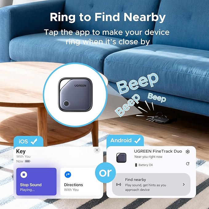 UGREEN Finder Duo (iOS and Android) Air Tracker Tags 4 Pack, Rechargeable Android Tracker Tags Bluetooth Key Finder Compatible with iOS and Android for Keys, Luggage and More