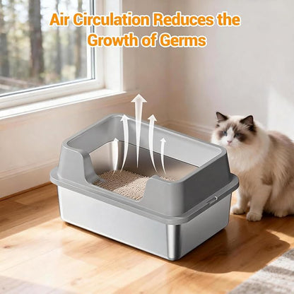 Enclosed Stainless Steel Cat Litter Box with Lid Extra Large Litter Box for Big Cats XL Metal Litter Pan Tray with High Wall Sides Enclosure, Non-Sticky, Anti-Leakage, Easy Cleaning