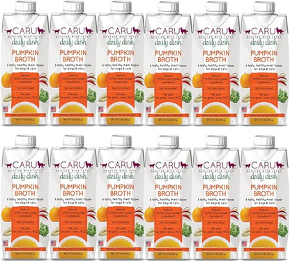 Caru - Daily Dish Pumpkin Broth - Meal Topper for Dogs & Cats - Supports Overall Pet Health - Pour-Over Broth for Wet/Dry Food - Human Grade Ingredients - Non-GMO - Made in USA - 12 Pack