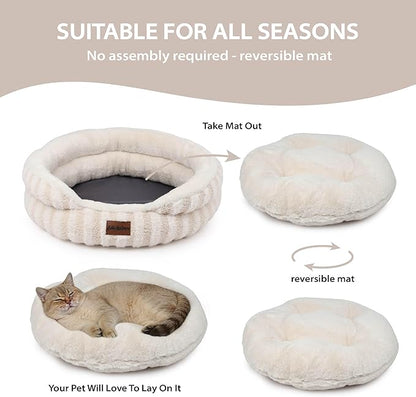 Cat Bed Puppy Bed - Washable Round Cat Beds for Indoor Cats, Soft Corduroy Fleece Pet Bed for Puppy and Kitten with Removable Double Sided Inner Cousion, 23", Beige