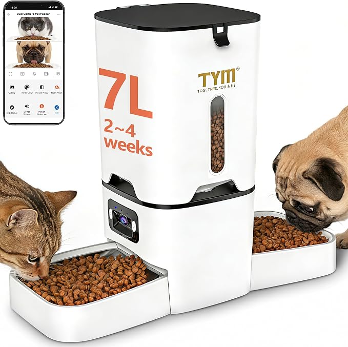 Automatic Cat Feeder with 2 Camera for 2 Cats, 7L Large Food Dispenser | Multiple Cats Household | Timed Cat Feeder | Two-way Voice | Separation Anxiety | Weight / Diet Control | 5G WiFi APP Control
