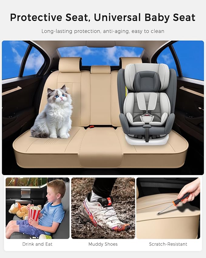 Huidasource Beige Rear Seat Cover, Nappa Leather Back Seat Cover with Ventilation Holes, Velcro Adjustable, Compatible with Armrests, Seat belts, Child Safety Seats, Fit for Most Cars SUV Truck, Beige