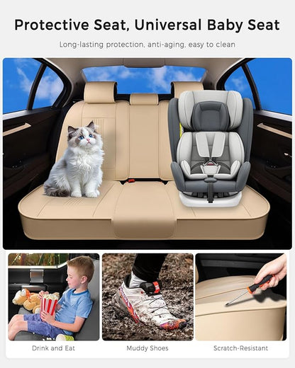 Huidasource Beige Rear Seat Cover, Nappa Leather Back Seat Cover with Ventilation Holes, Velcro Adjustable, Compatible with Armrests, Seat belts, Child Safety Seats, Fit for Most Cars SUV Truck, Beige